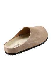 Product shot of the Saint Suede Leather Slide - Mushroom in colour Mushroom, from the back
