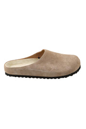 Product shot of the Saint Suede Leather Slide - Mushroom in colour Mushroom, from the front