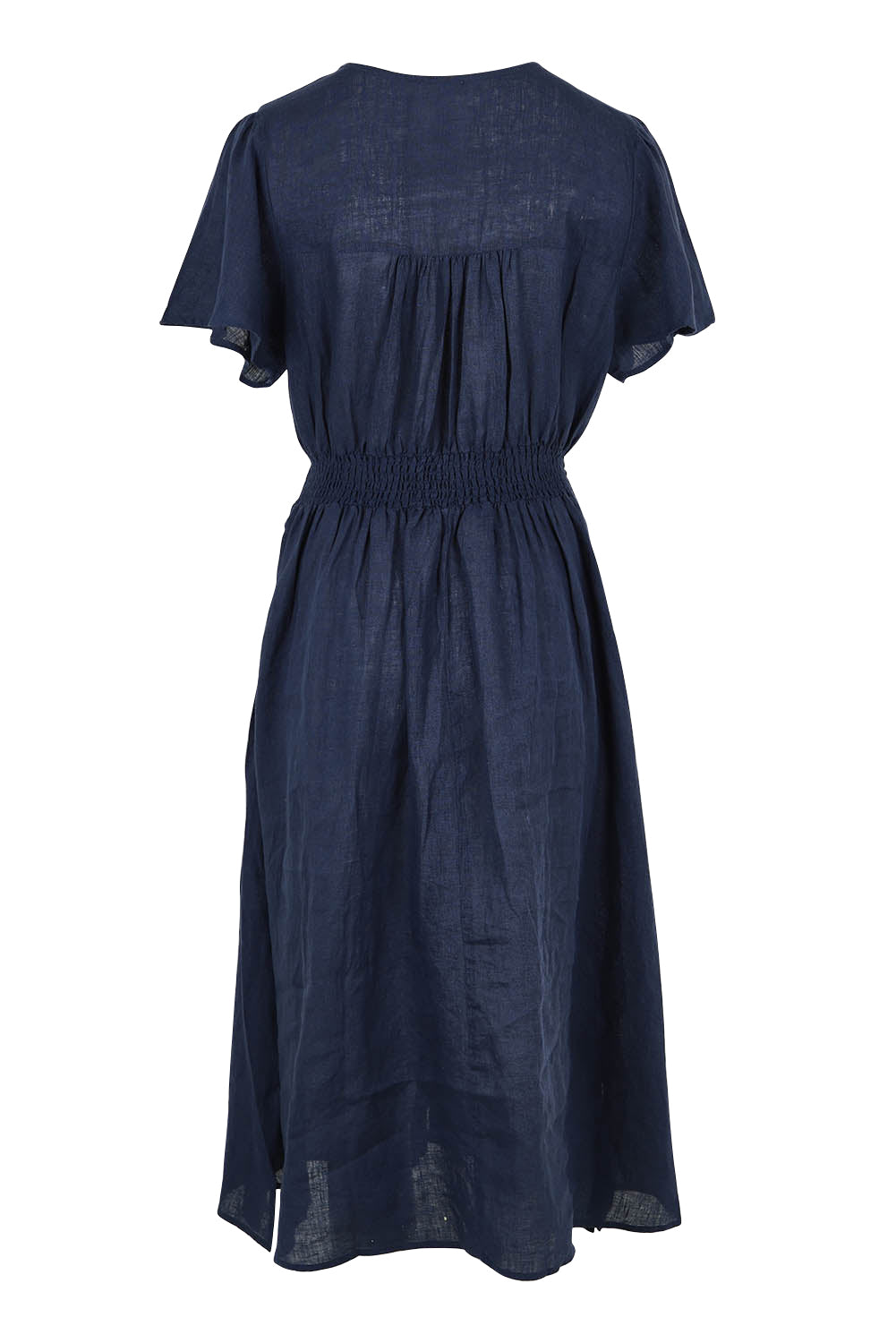 Product shot of the Blossom Linen Dress in colour Navy (Blue), from the back