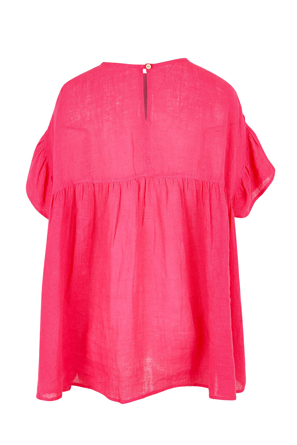 Product shot of the Caicos Linen Top in colour Raspberry (Blue), from the back