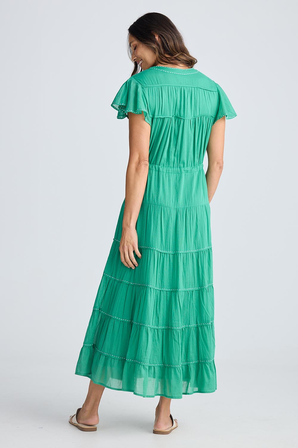 A model wearing the Delilah Cotton Dress in colour Jadegreen (Green), from the back