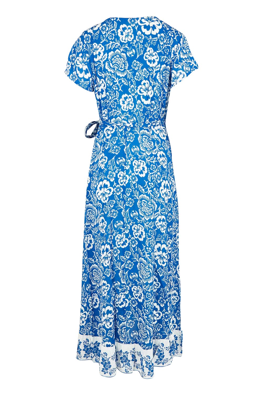 Product shot of the Lotus Wrap Dress in colour Oceanpara (Blue), from the back