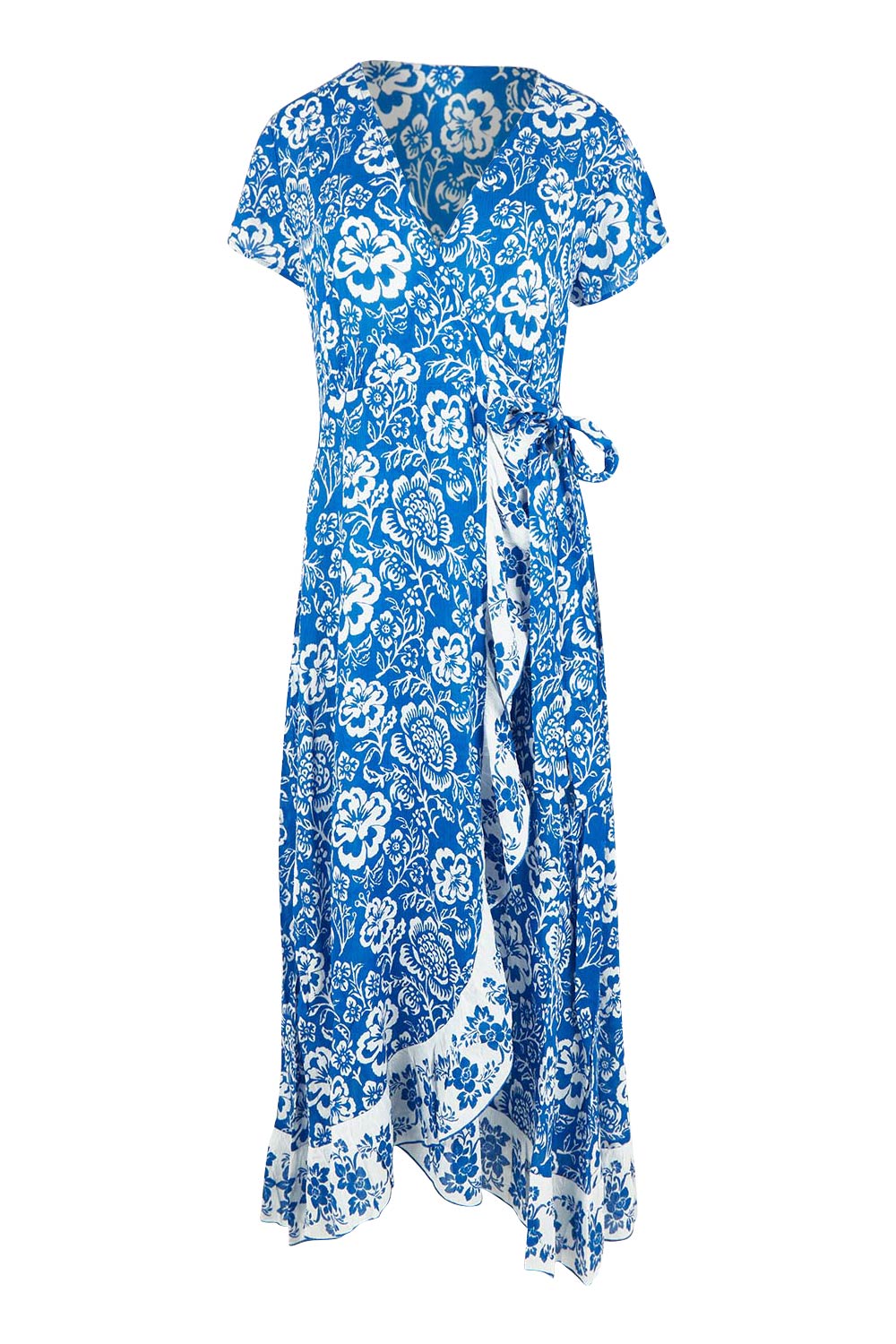Product shot of the Lotus Wrap Dress in colour Oceanpara (Blue), from the front
