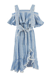 Product shot of the Sweet William Dress in colour PetiteDais (Blue), from the front