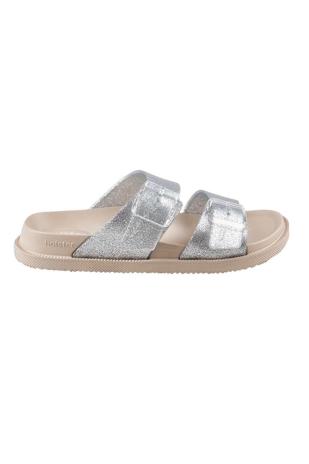 Product shot of the Soleshimmer Slide - Silverglitter in colour Silverglitter, from the front