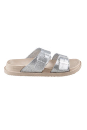 Product shot of the Soleshimmer Slide - Silverglitter in colour Silverglitter, from the front