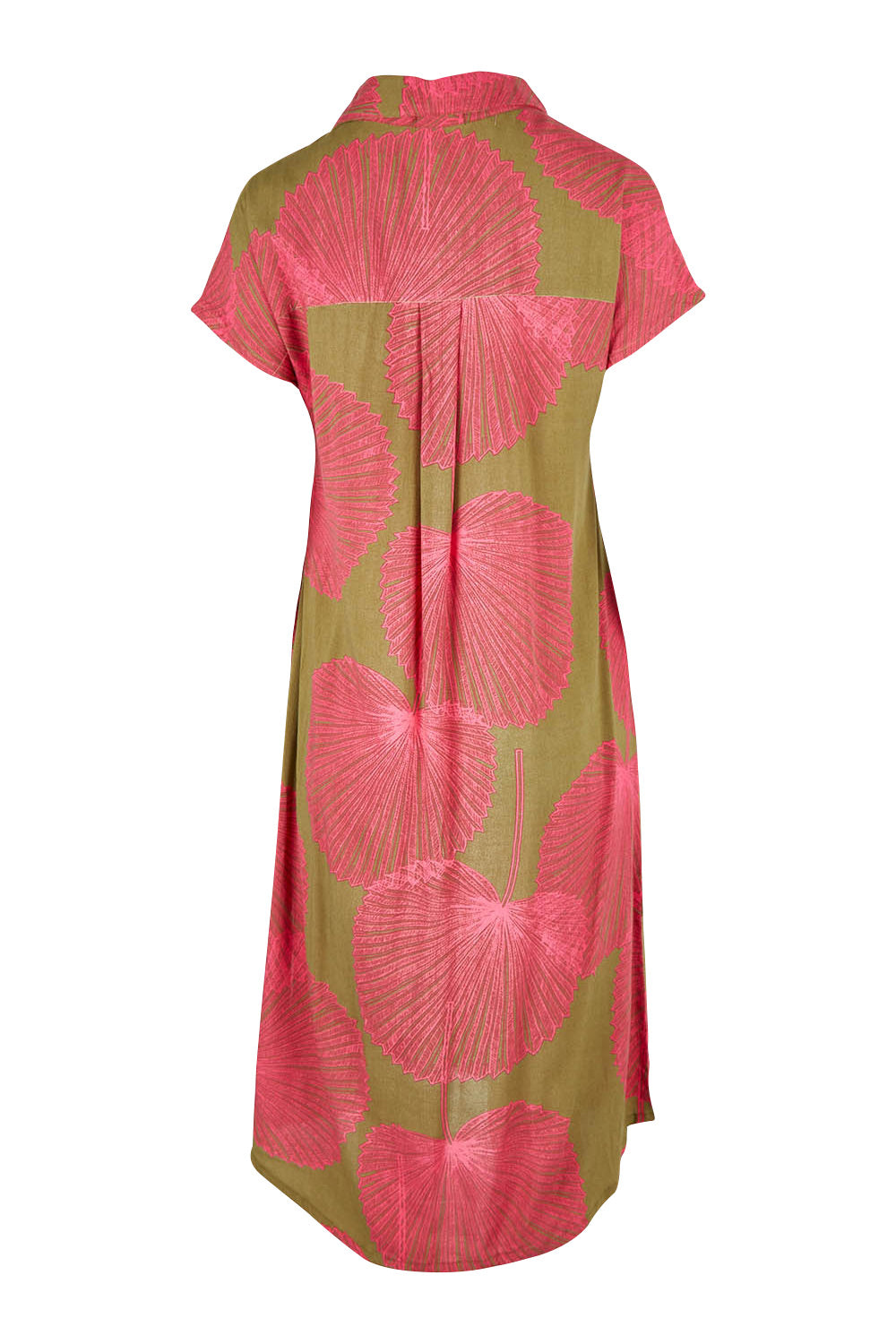 Product shot of the Calforniai Dress in colour Fantasia (Green), from the back