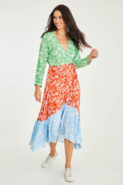 Model Stacey wearing size 10 of the Margarita Long Sleeve Dress in colour Provence (Green), from the front, showing the whole outfit