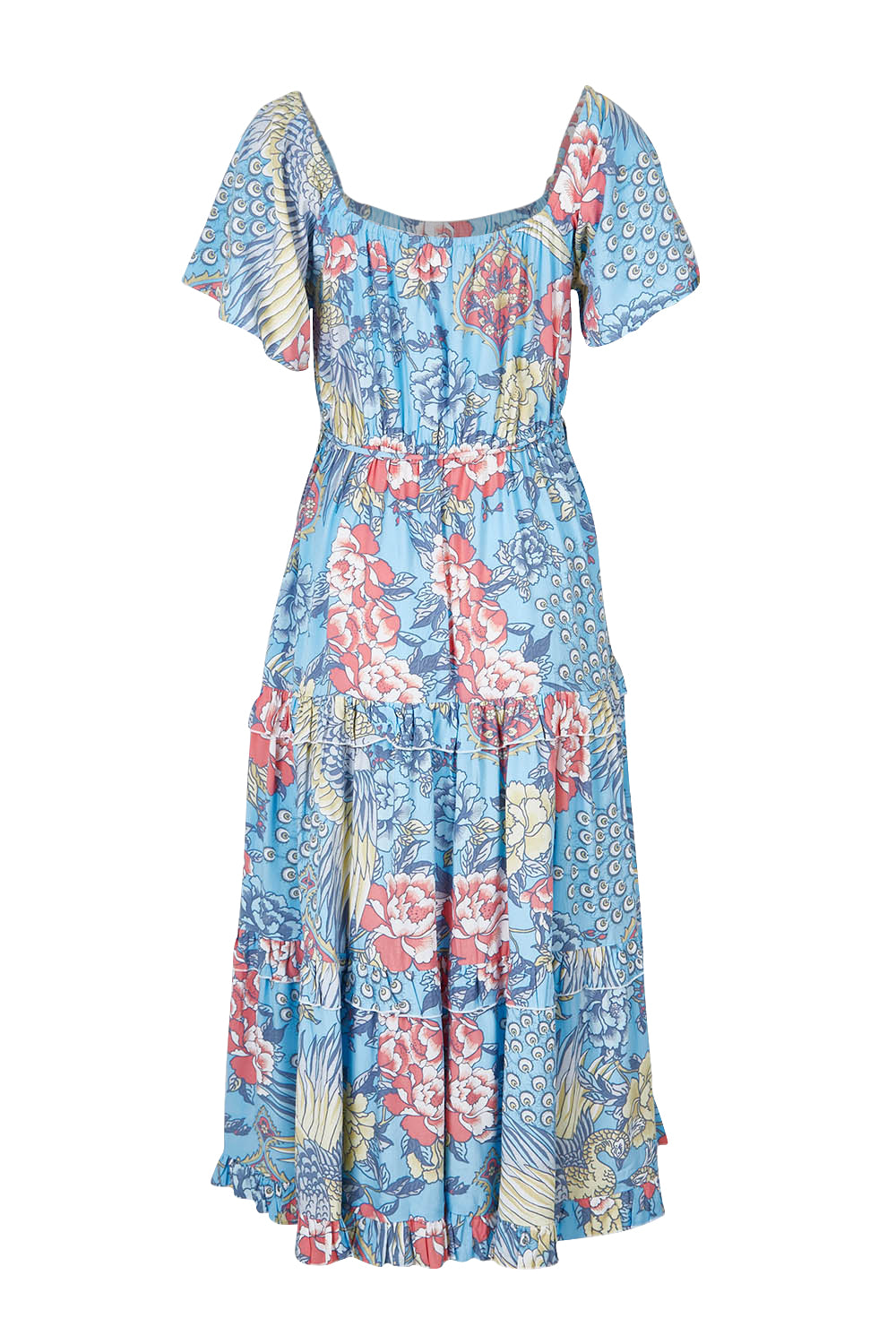 Product shot of the Siesta Dress in colour Birdgarden (Blue), from the back