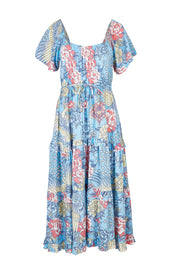 Product shot of the Siesta Dress in colour Birdgarden (Blue), from the front
