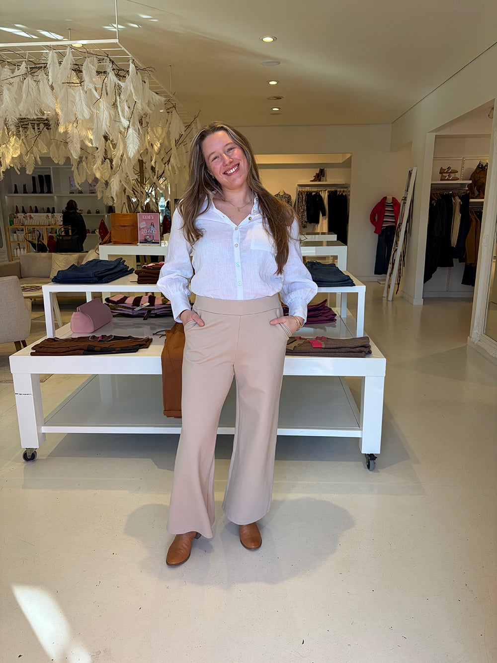 White Linen Shirt With Sand Ponte Pants