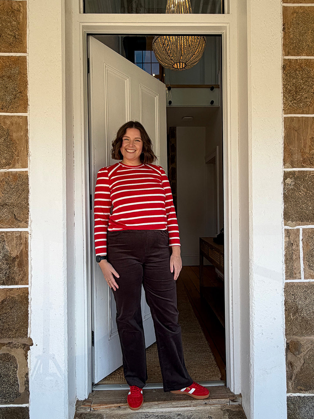 Red Stripe Tee With Cocoa Cord Pants