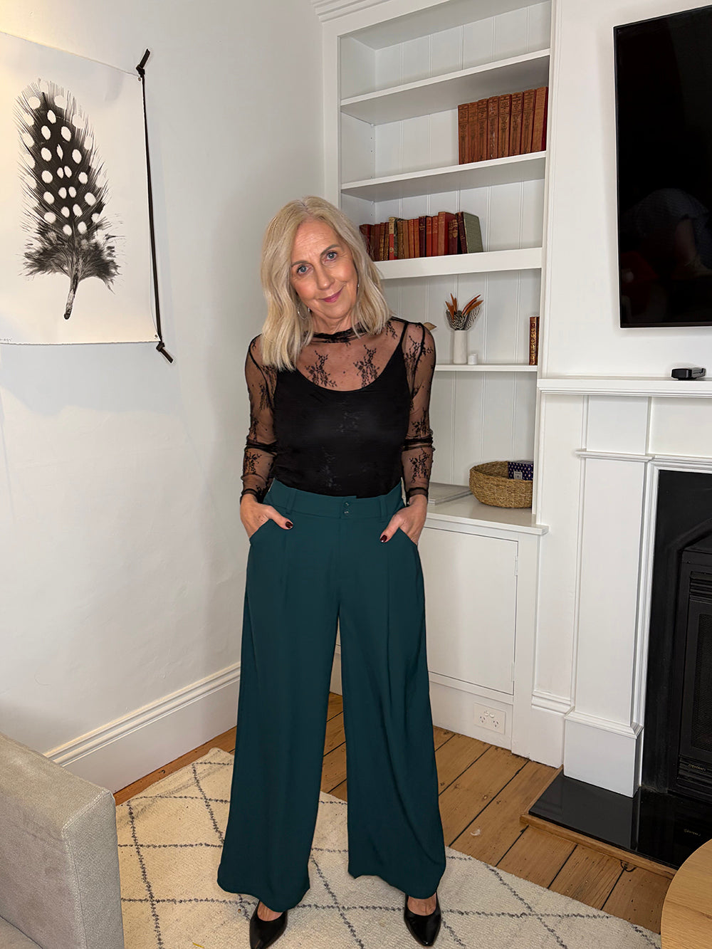 Black Lace Top With Dark Teal Pants