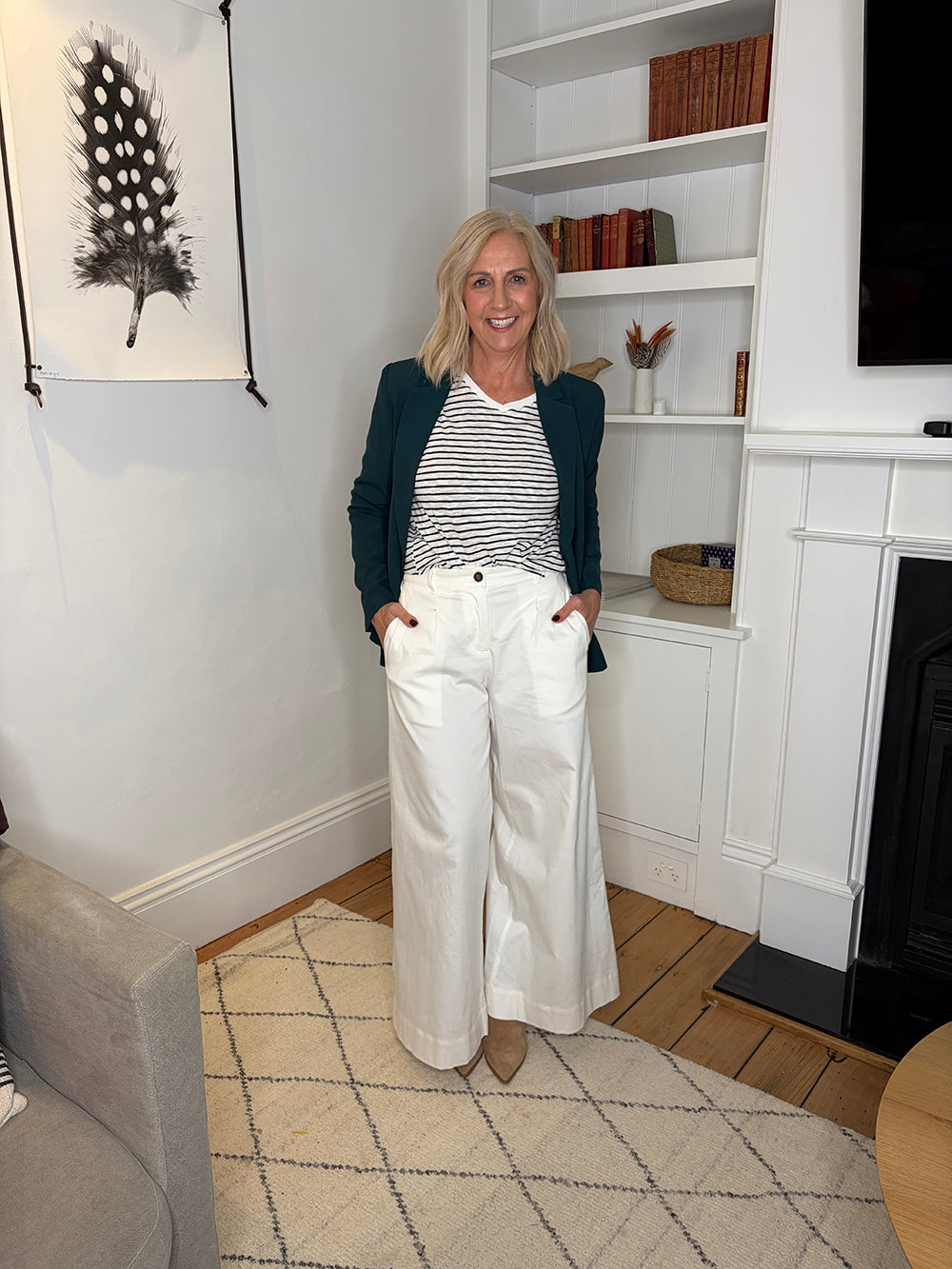 Dark Teal Blazer + Stripes + White Pants