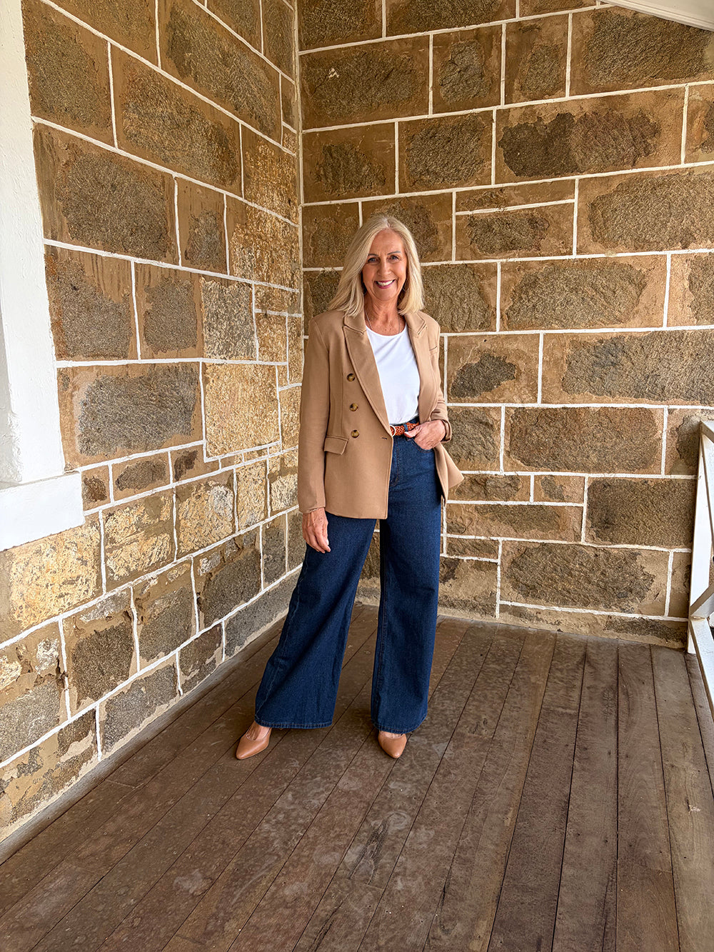 Tan Blazer + White Tee + Dark Denim