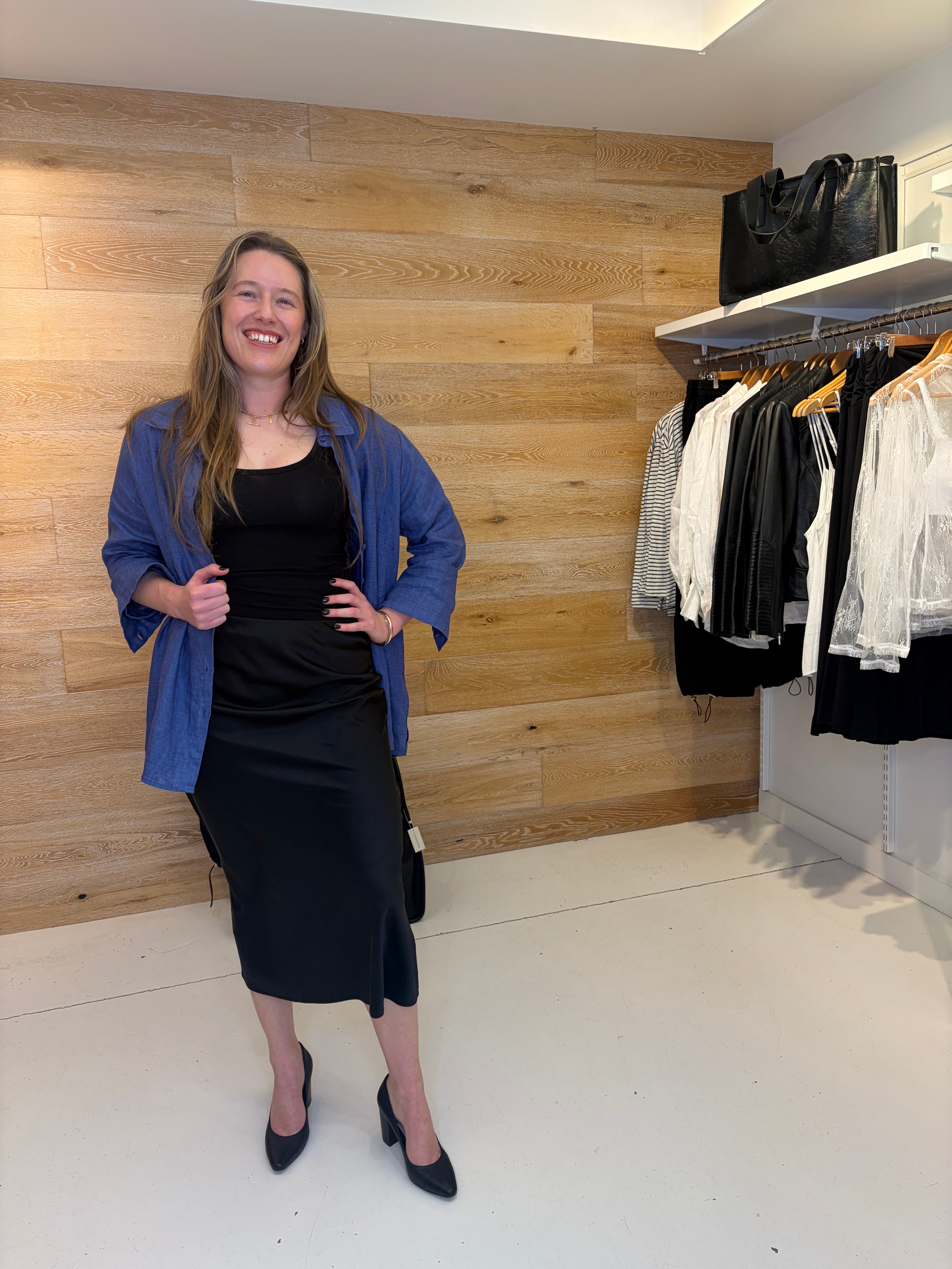 Blue Linen Shirt With Black Satin Skirt