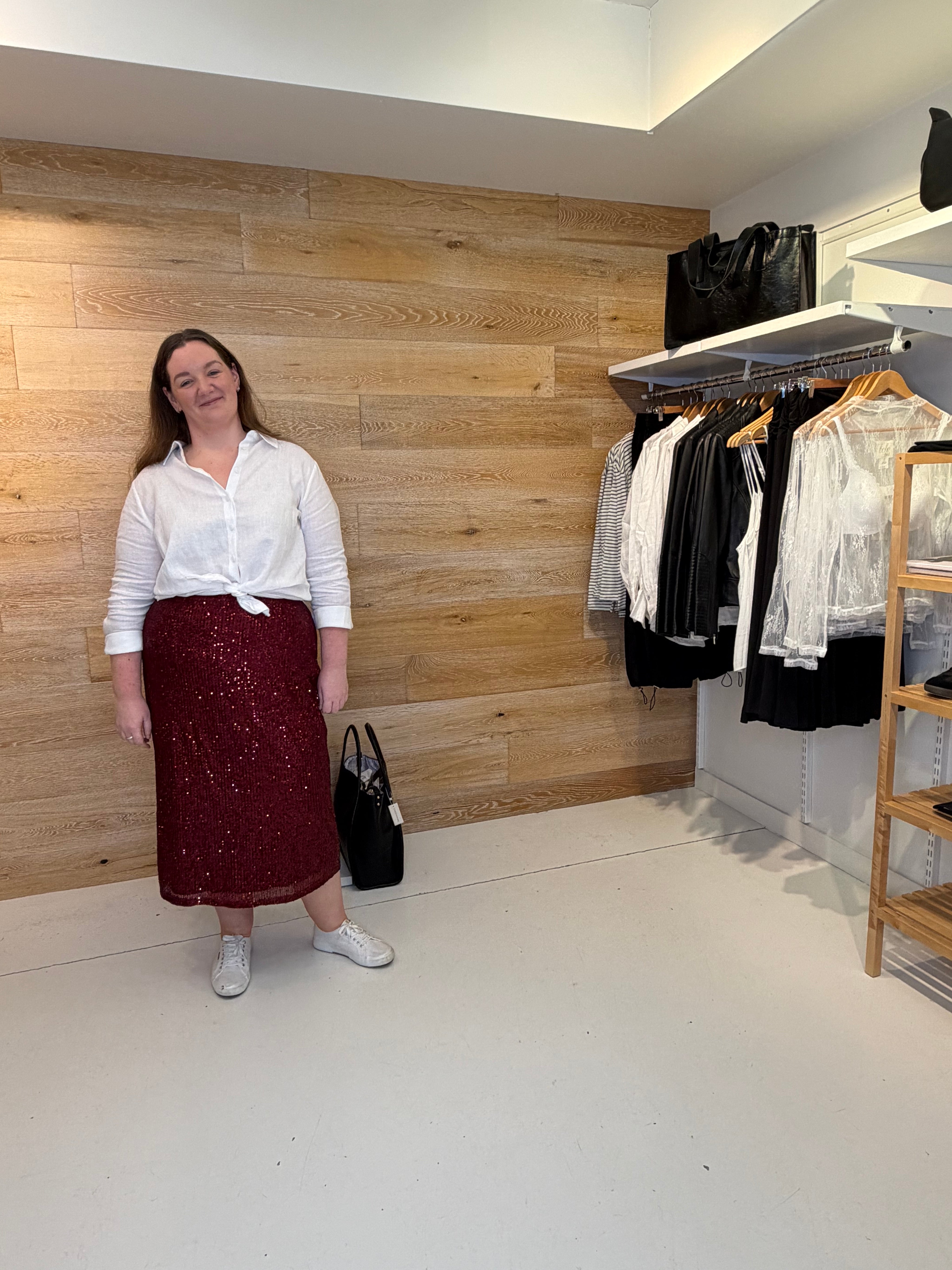 White Linen Shirt With Rouge Sequin Skirt
