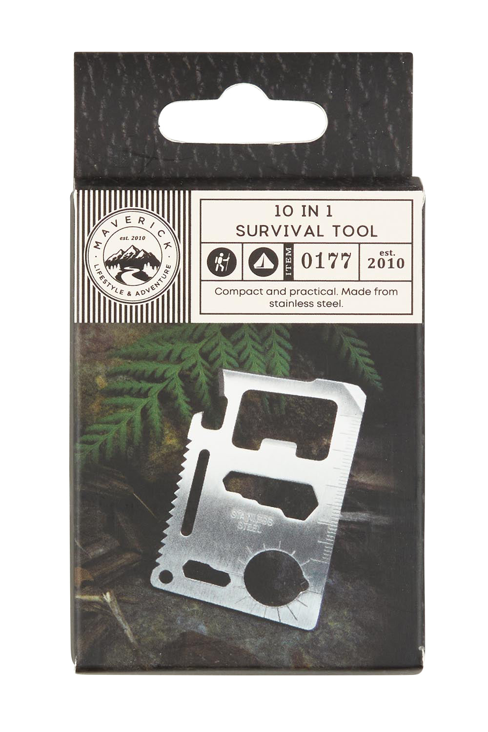 Product shot of the 10 In 1 Survival Tool in colour Silver (Metallics), from the front
