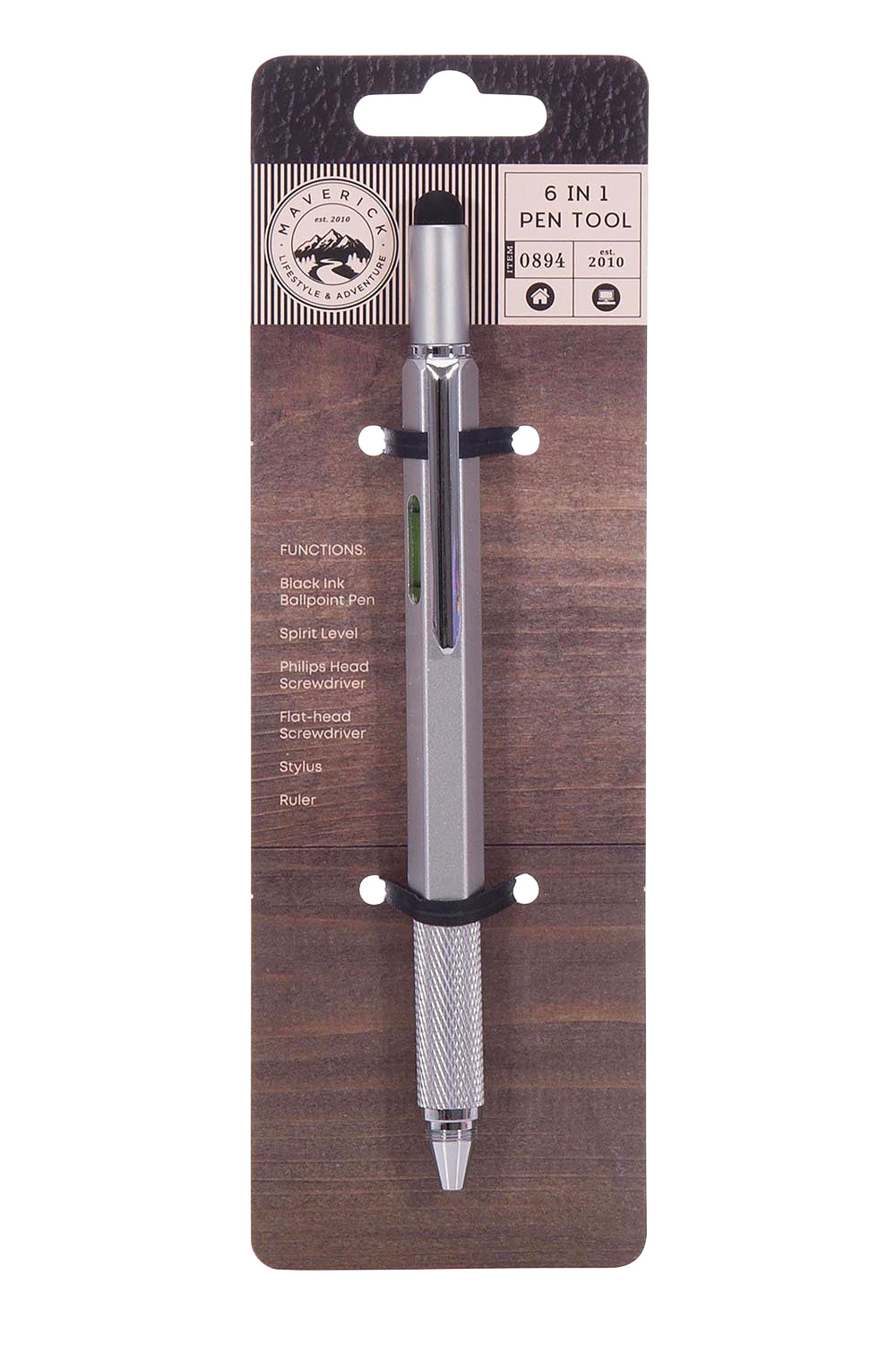 Product shot of the Maverick 6 in 1 Pen Tool - Silver in colour Silver, from the front