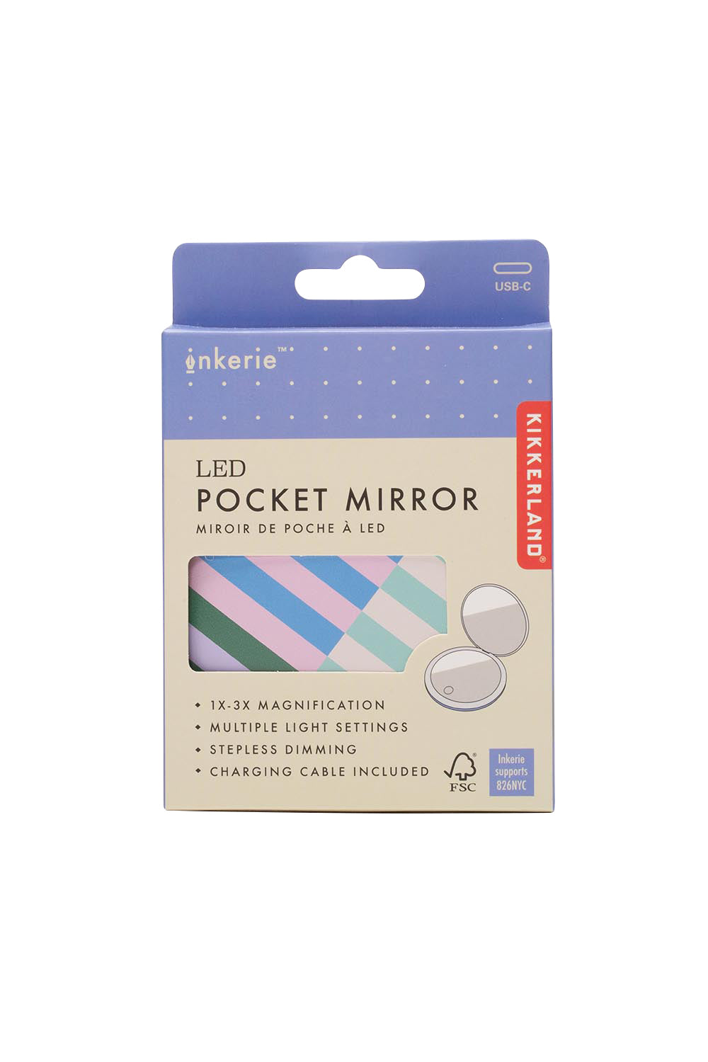 Product shot of the LED Rechargable Pocket Mirror - Lineprint in colour Lineprint, from the front