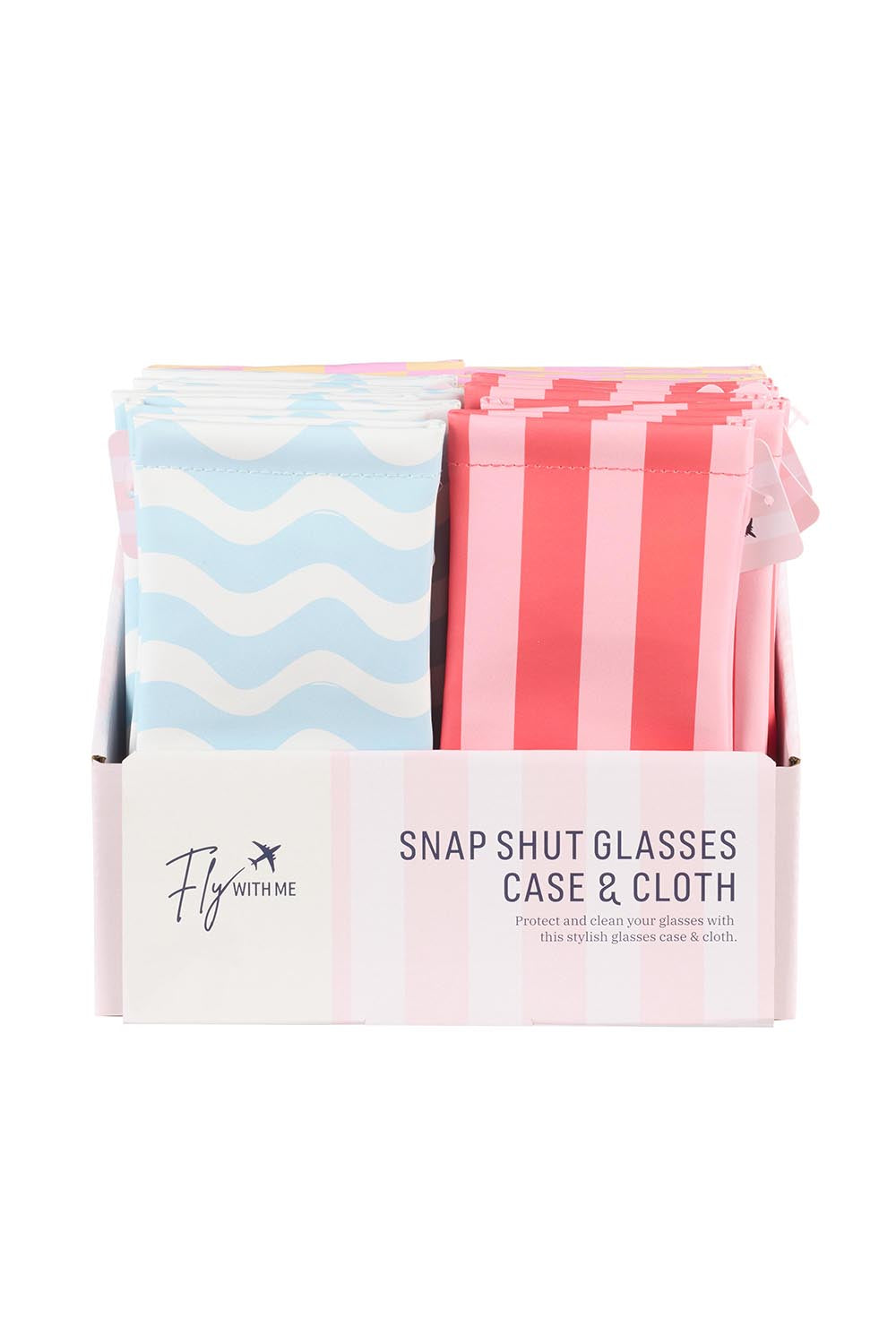Product shot of the Fly With Me Snap Shut Glasses Case & Cloth - Blue in colour Blue, showing detail