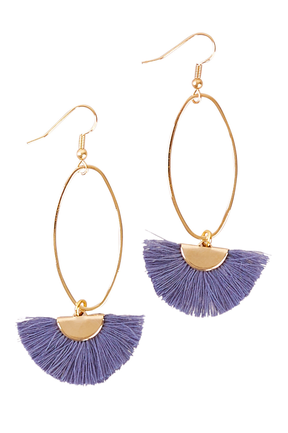 Product shot of the Caprioska Tassel Earrings in colour BlueSmoke (Blue), from the front