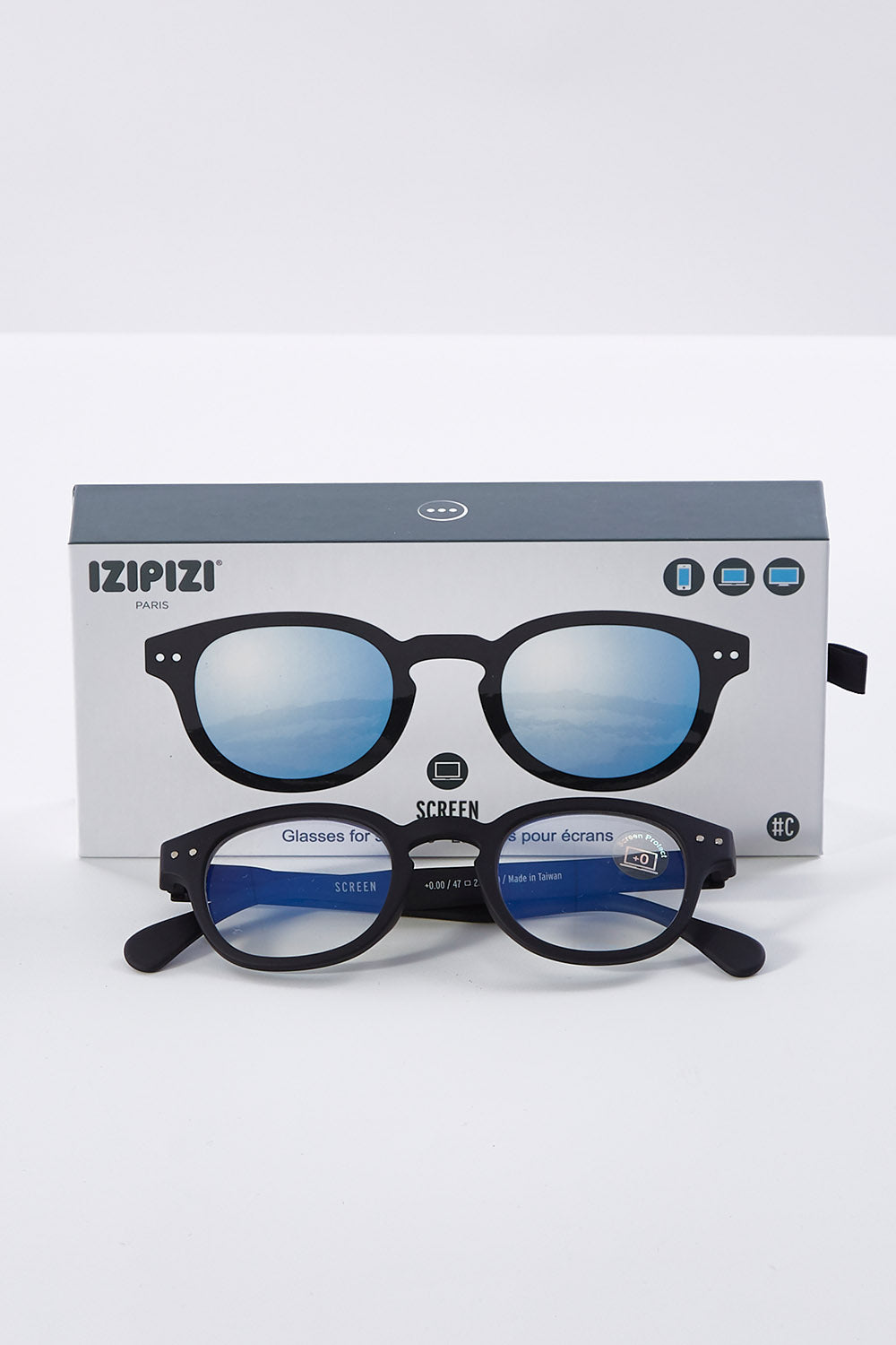 A model wearing size 0 of the Blue Light Filter Rectangular Reading Glasses in colour Black (Black), from the front, showing the whole outfit