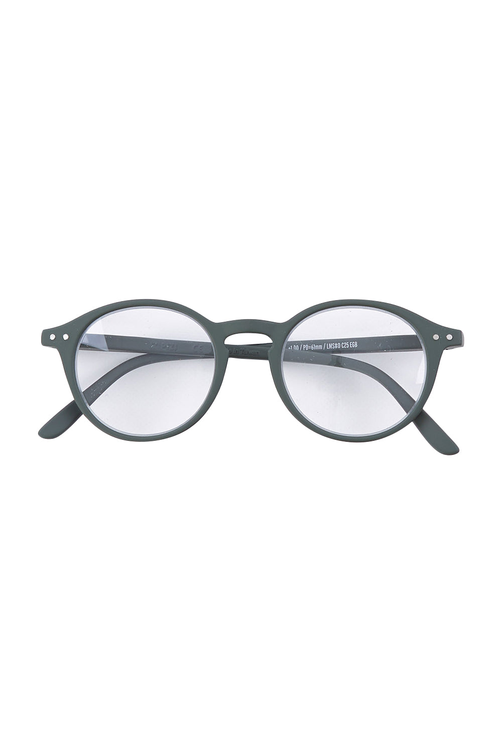 Product shot of the D Round Reading Glasses in colour Khakigreen (Green), from the front