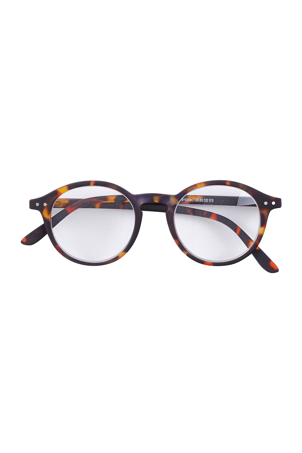 Product shot of the D Round Reading Glasses in colour Tortoise, from the front