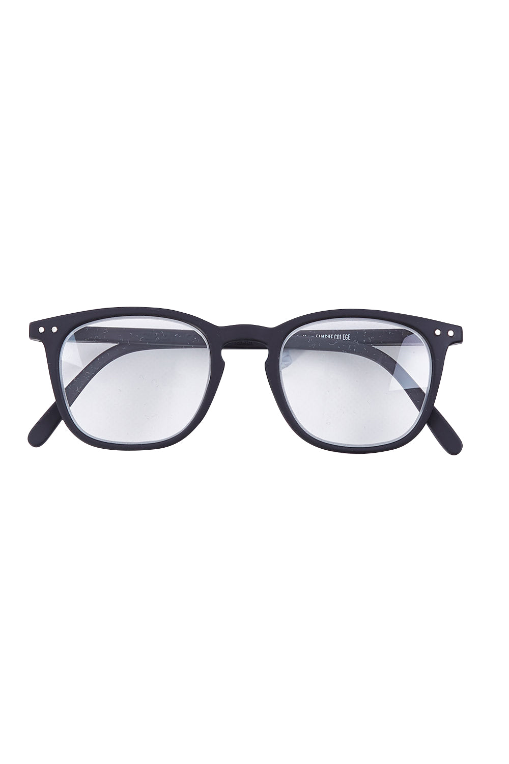 Product shot of the E Rectangular Reading Glasses in colour Black (Black), from the front