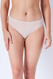Model Phoebe wearing size 10 of the Bamboo Naturals Hi Cut Brief in colour Dusk, from the front, cropped image
