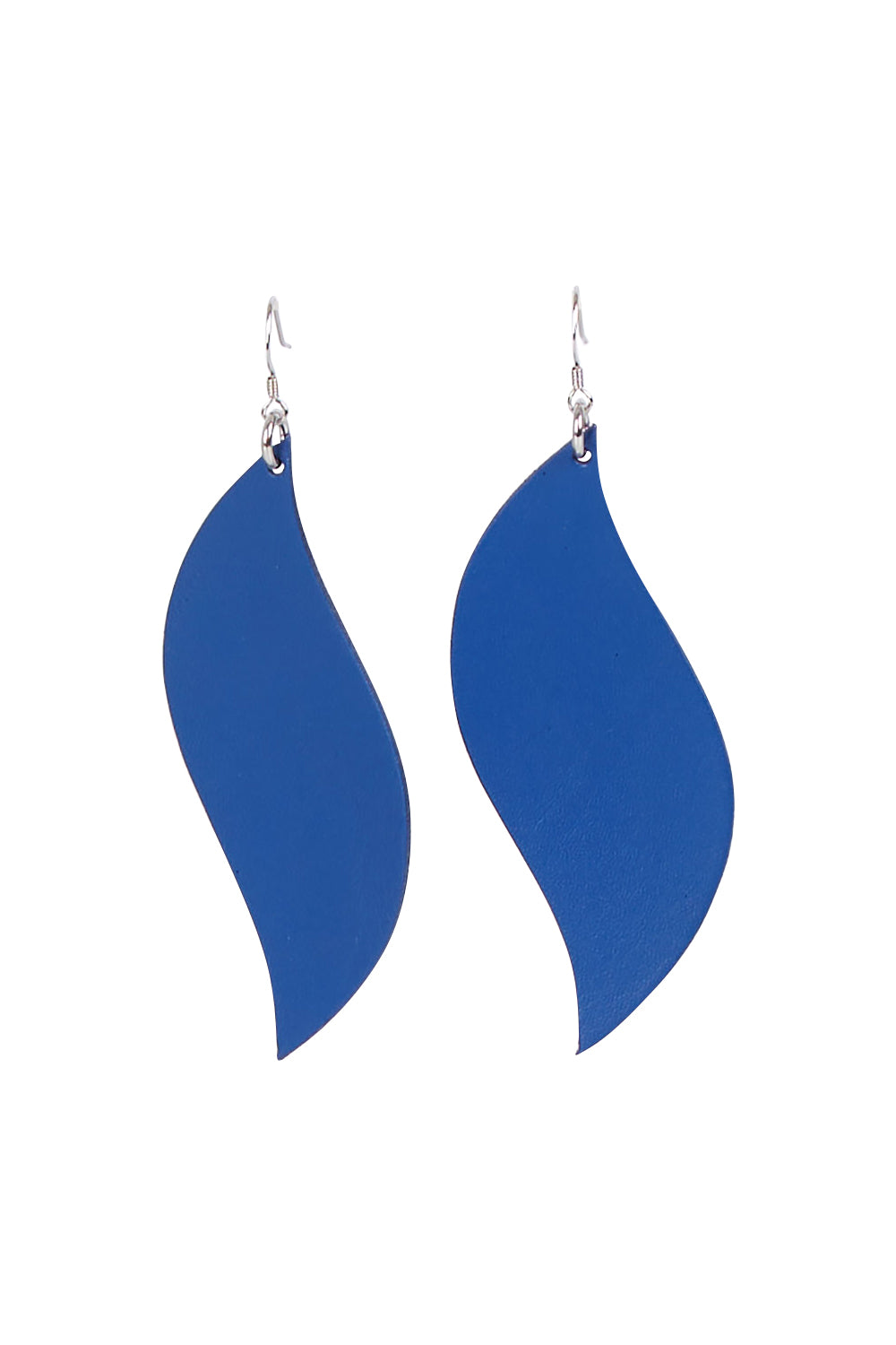 Product shot of the Australian Made Bold Single Leaf Leather Earring in colour Cobalt (Blue), from the front