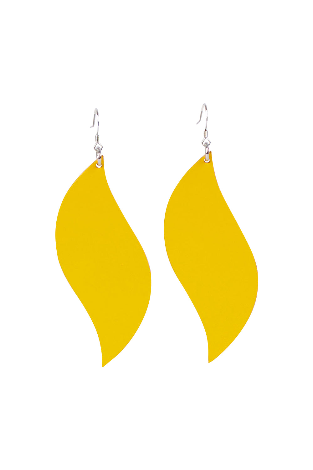 Product shot of the Australian Made Bold Single Leaf Leather Earring in colour Daffodil, from the front