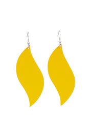 Product shot of the Australian Made Bold Single Leaf Leather Earring in colour Daffodil, from the front