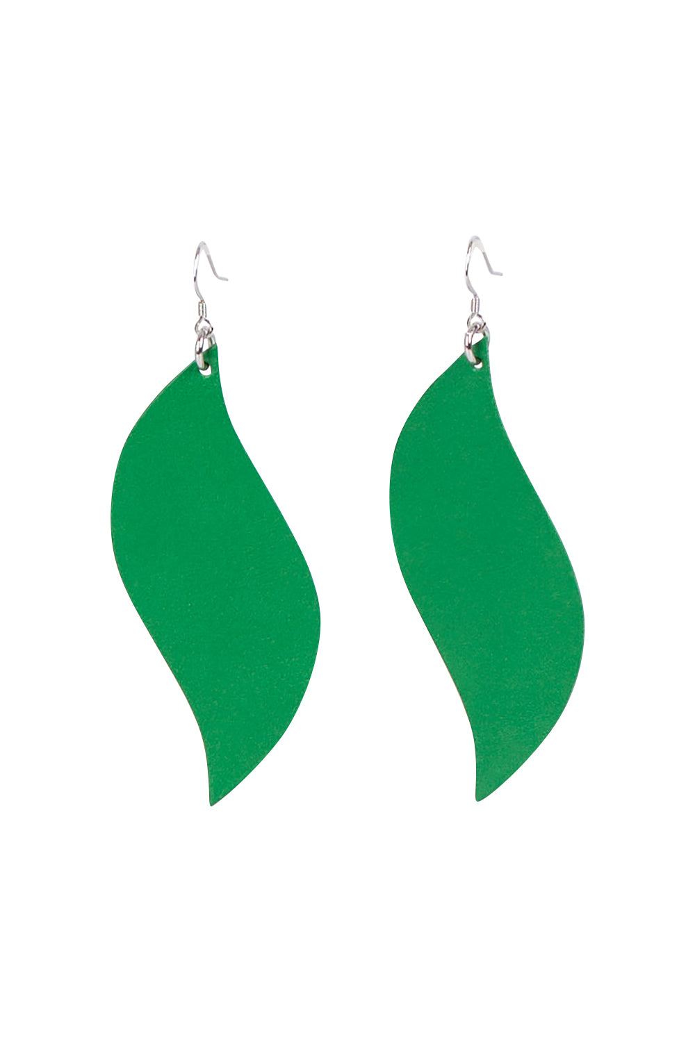 Product shot of the Australian Made Bold Single Leaf Leather Earring in colour Emerald (Green), from the front