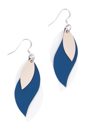 Product shot of the Australian Made Large Leather Leaf Earring in colour Beigenavy (Blue), from the front