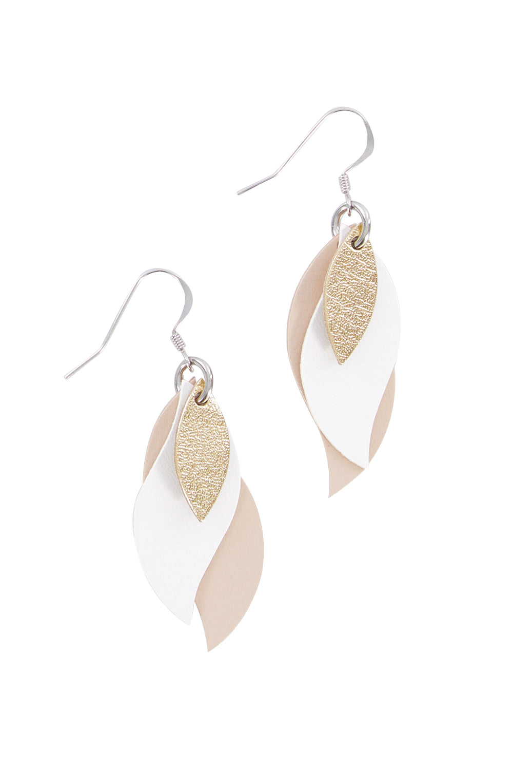 Product shot of the Australian Made Leather Leaf Earring in colour Goldwhite (Metallics), from the front