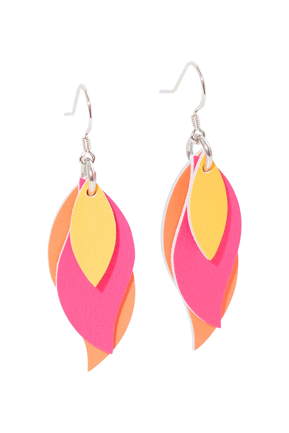 Product shot of the Australian Made Leather Leaf Earring in colour Pinktanger (Pink), from the front