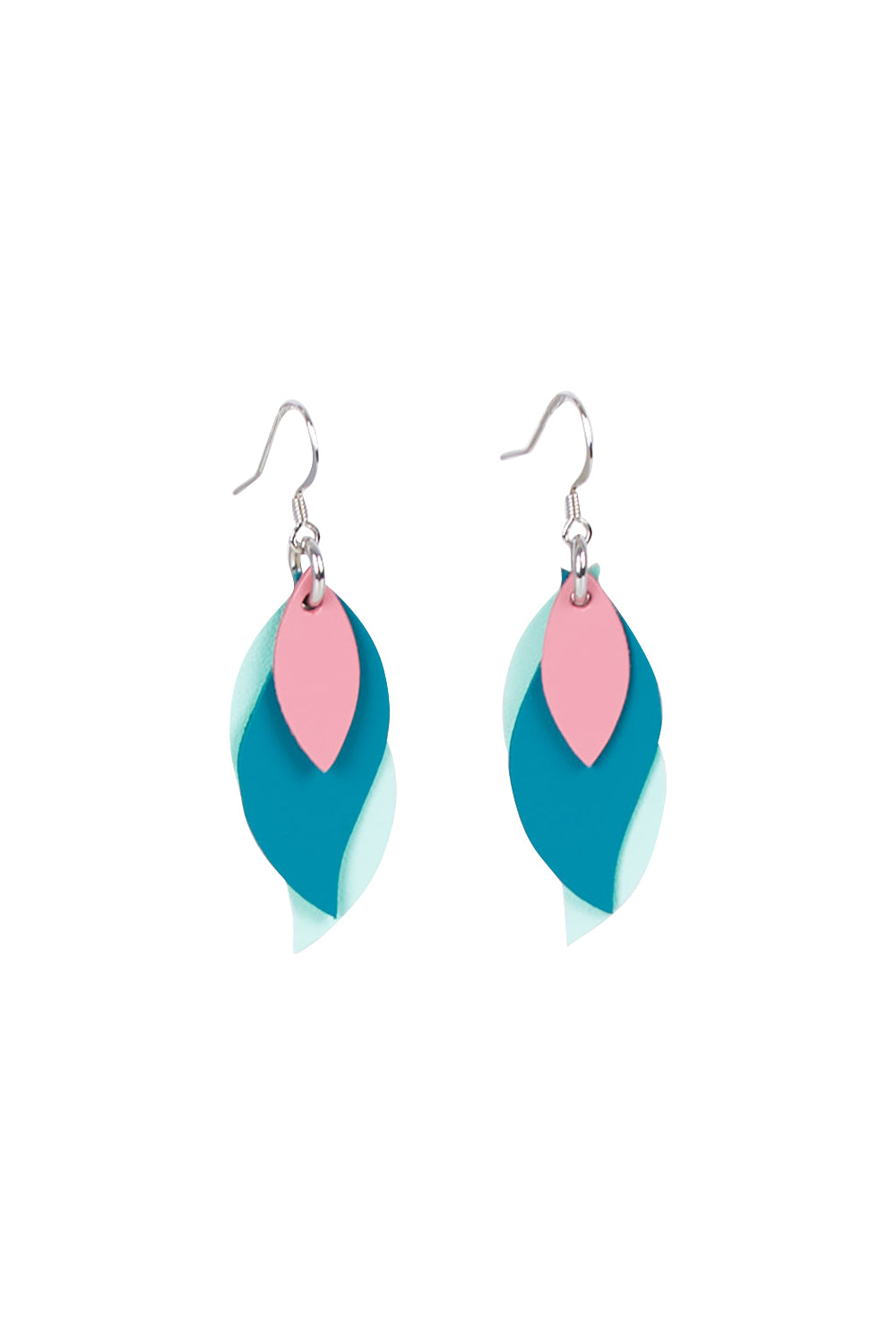 Product shot of the Australian Made Leather Leaf Earring in colour Pnktealmnt (Green), from the front