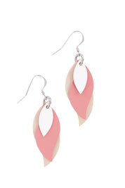 Product shot of the Australian Made Leather Leaf Earring in colour Whitepink (Pink), from the front