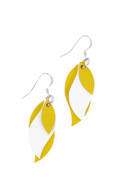 Product shot of the Australian Made Leather Leaf Earring in colour Yellowhite, from the front