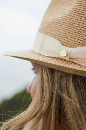 Product shot of the Palm Beach Raffia Packable Fedora - Naturalivory in colour Naturalivory, from the back