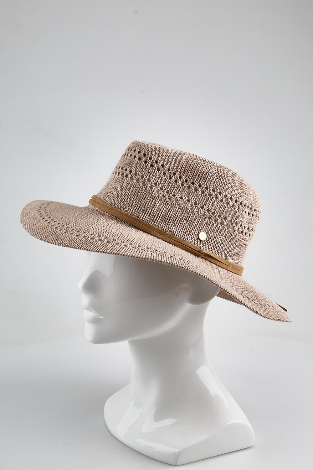 Model Genericm wearing size sample of the Fitzroy Safari Hat - Taupe in colour Taupe, from an angle