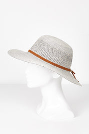 A model wearing size OneSize of the Scarlett Wide Brim Hat in colour GreyMarle (Grey), from the front, showing the whole outfit