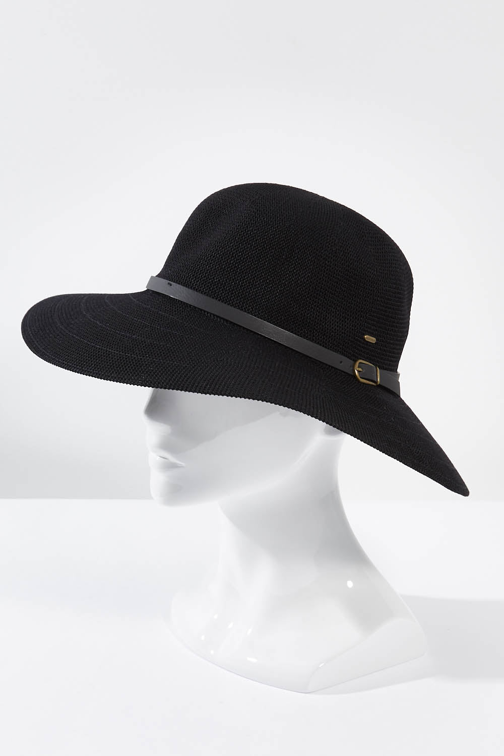A model wearing size OneSize of the Leslie Wide Brim Hat in colour Black (Black), from the front, showing the whole outfit