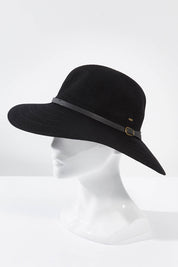 A model wearing size OneSize of the Leslie Wide Brim Hat in colour Black (Black), from the front, showing the whole outfit
