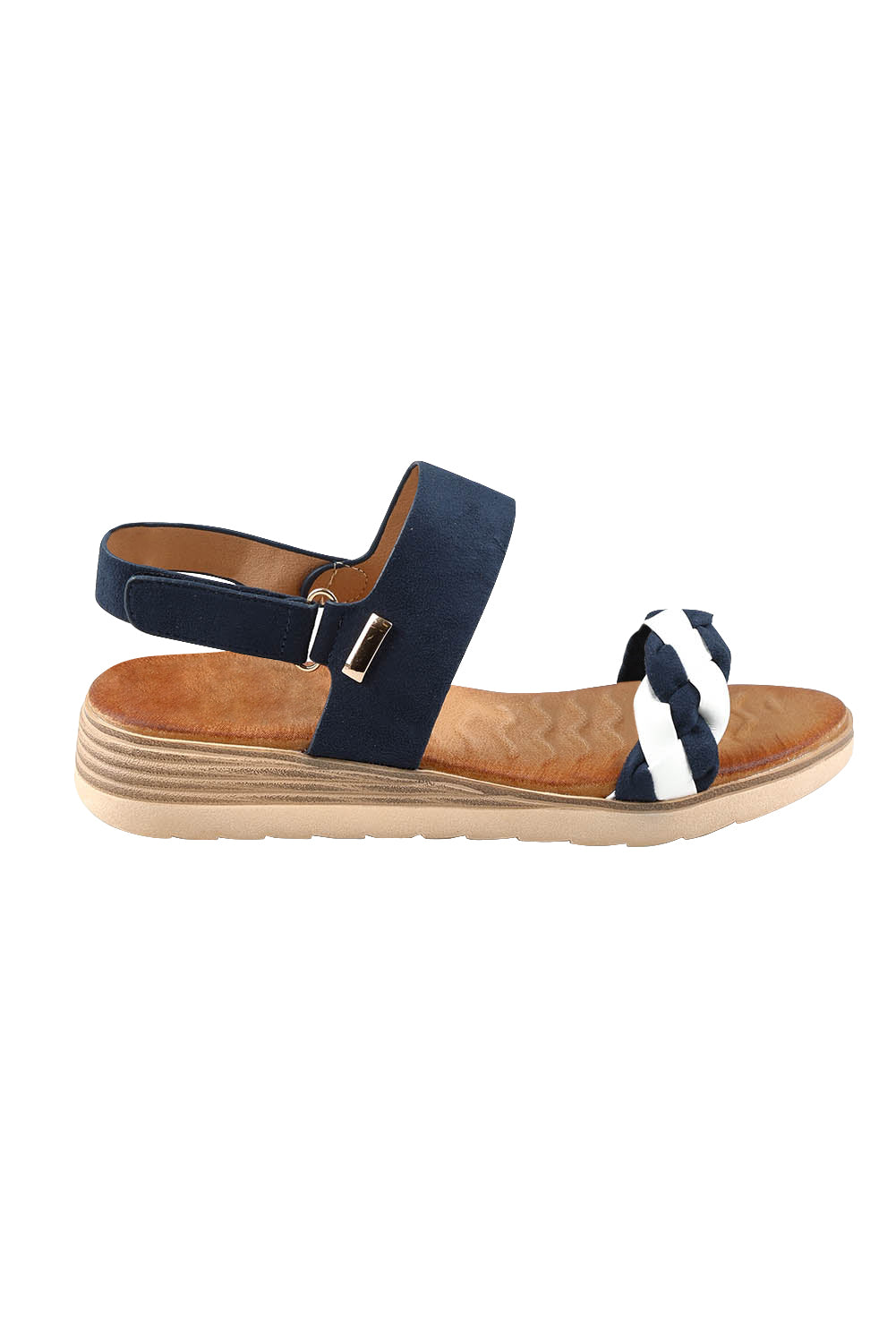 Product shot of the Fari Sandal in colour Navywhite (Blue), from the front