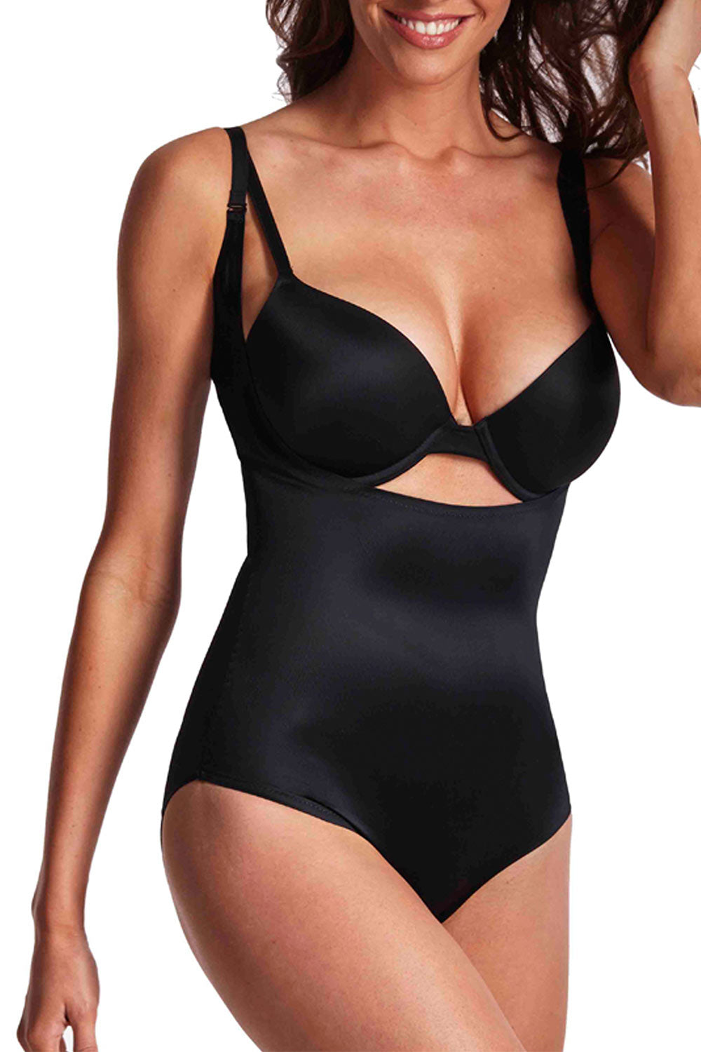 A model wearing the Underbust Smooth Shaping Bodysuit in colour Black (Black), from the front, cropped image
