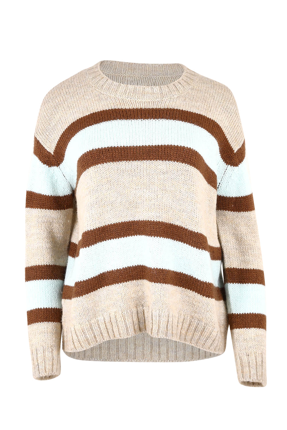 Product shot of the Lofty Stripe Jumper in colour Oat, from the front