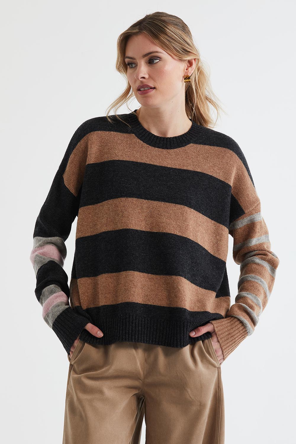 A model wearing the Lambswool Stripe Crew in colour Midnight, from the front, cropped image